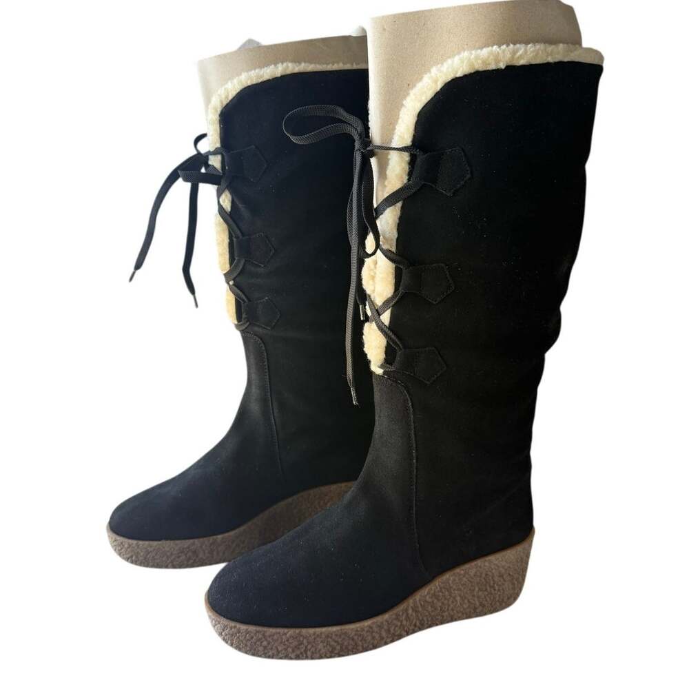 Vintage KORS Michael Kors Black Suede Faux Fur Lined Wedge Winter Boots 8.5M